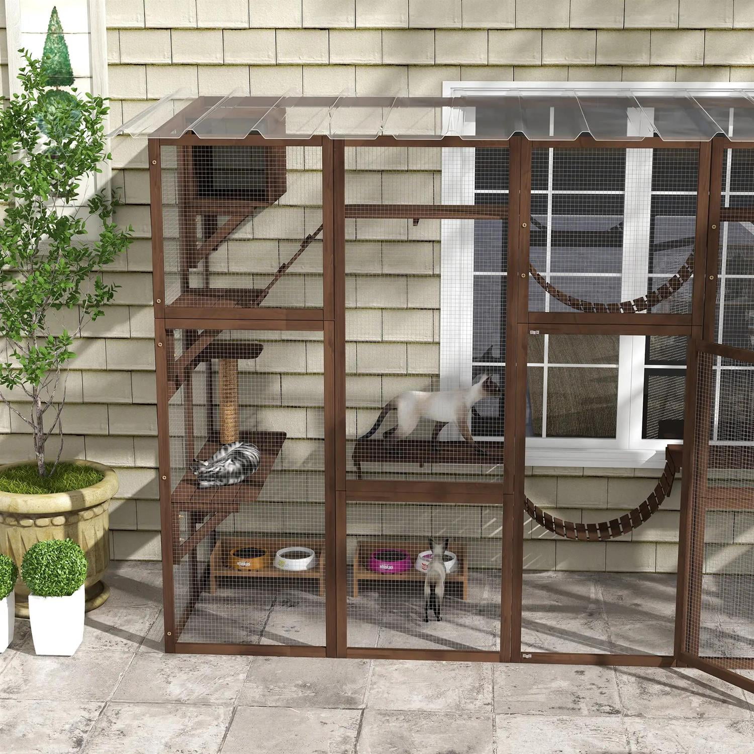 Pefilos 118" Outdoor Weatherproof Cat Cage with Shelves, Bridges, Wooden Catio House for 2-3 Kittens Cats, Indoor Cat Enclosure, Brown