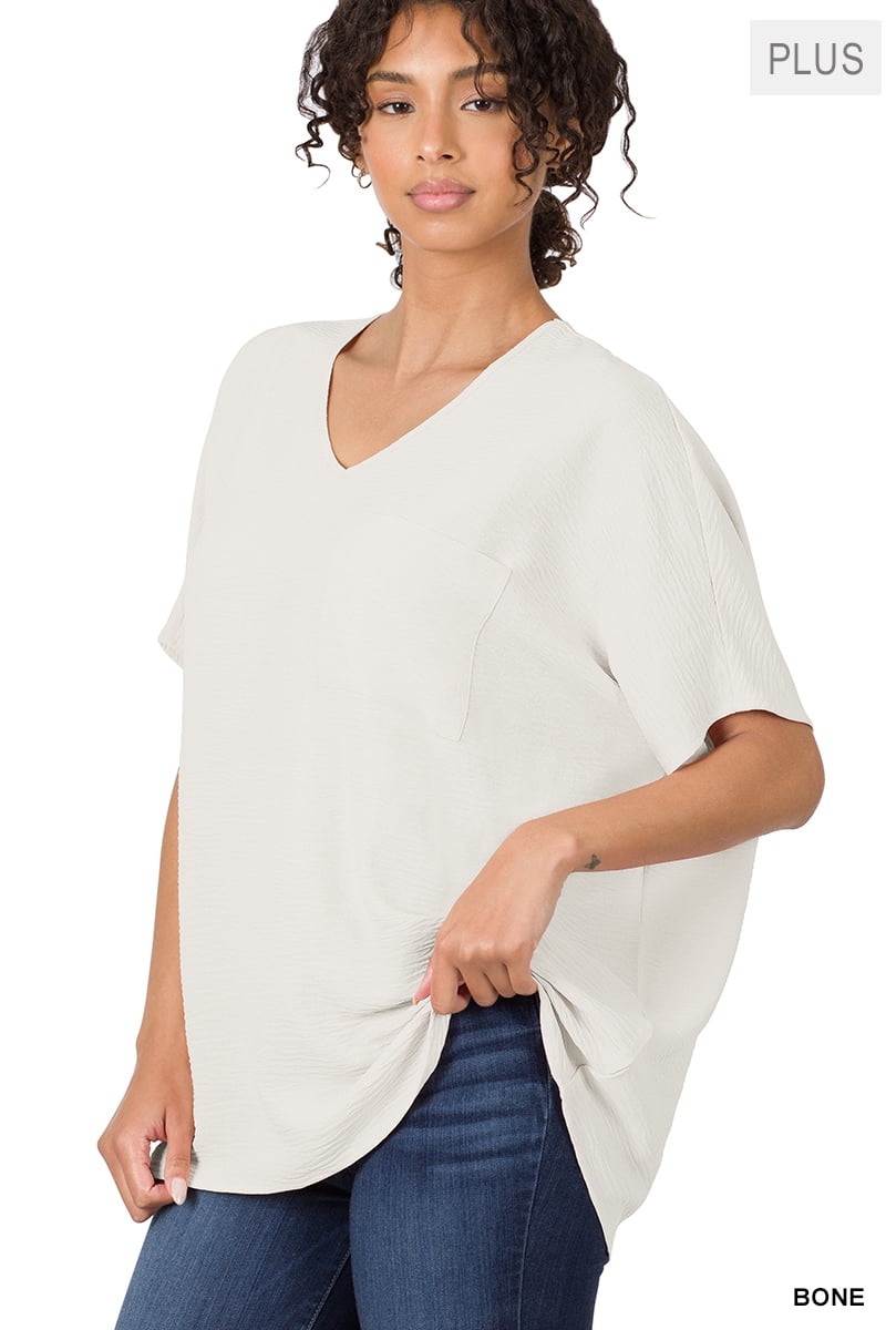 Zenana Women & Plus V Neck Woven Airflow Dolman Short Sleeve Blouse Top ...