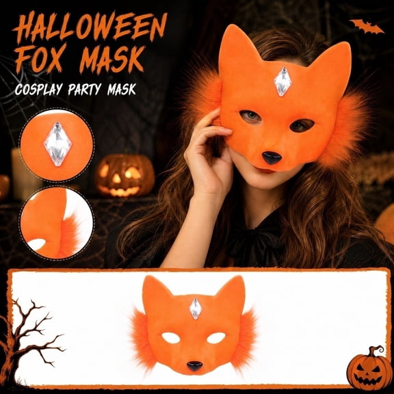 Fox Masquerade Mask 8 Inch Soft Faux Orange Halloween Mask Half Face Mask for Dress Up Themed Party Events, 1 Pack