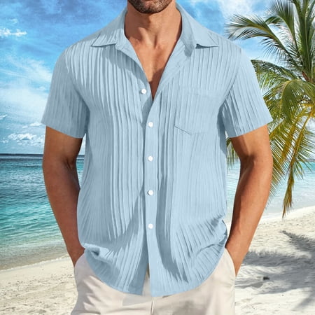 Gyexs Beach Shirts for Men Short Sleeve Light Blue Casual Linen Shirts Comfortable Regular Tees Shirt Beachwear Men Apparel Size XXL