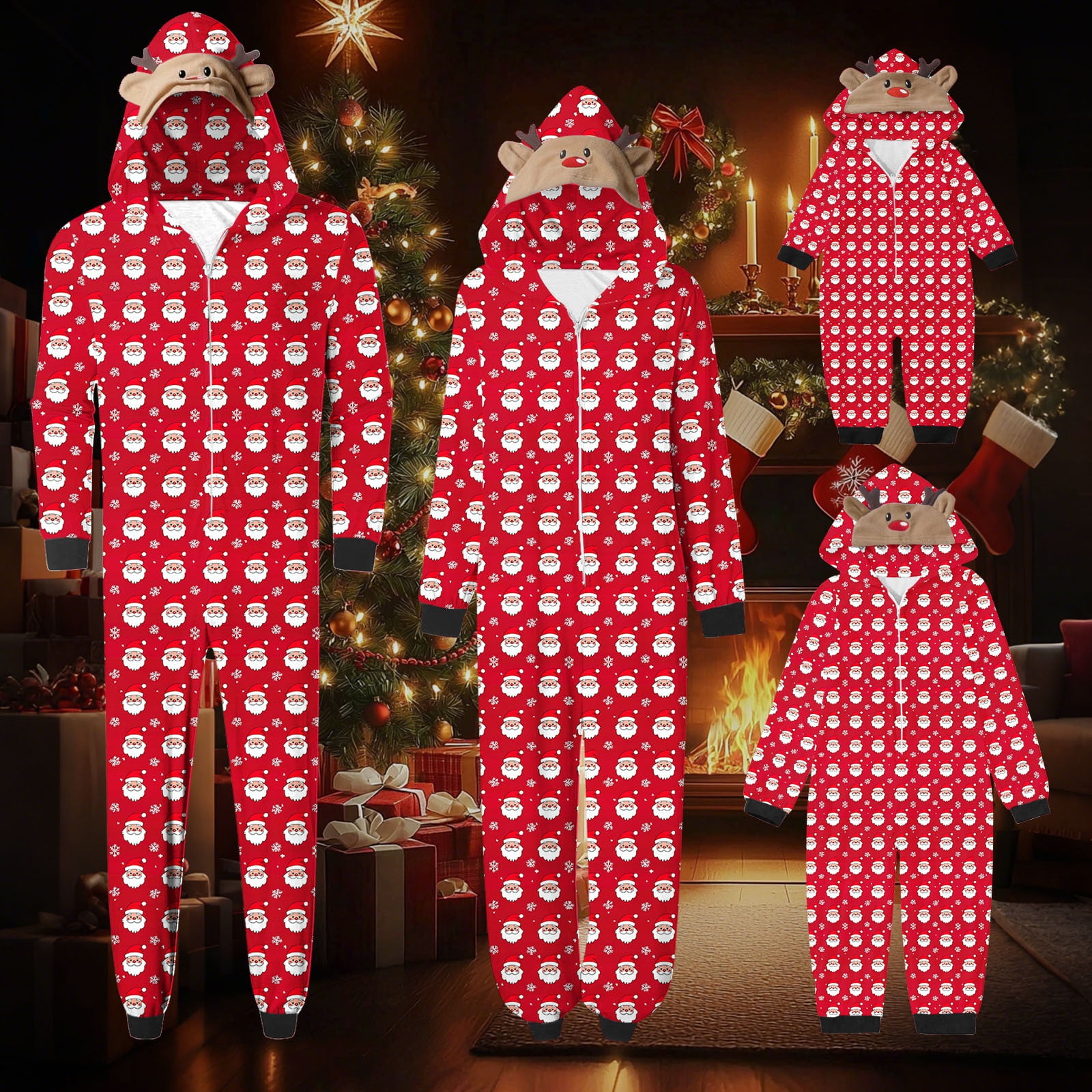 jsaierl Matching Family Christmas Pajamas Set Hoodie Onesies Reindeer Jumpsuit Romper Holiday Pjs One Piece Hooded Sleepwear