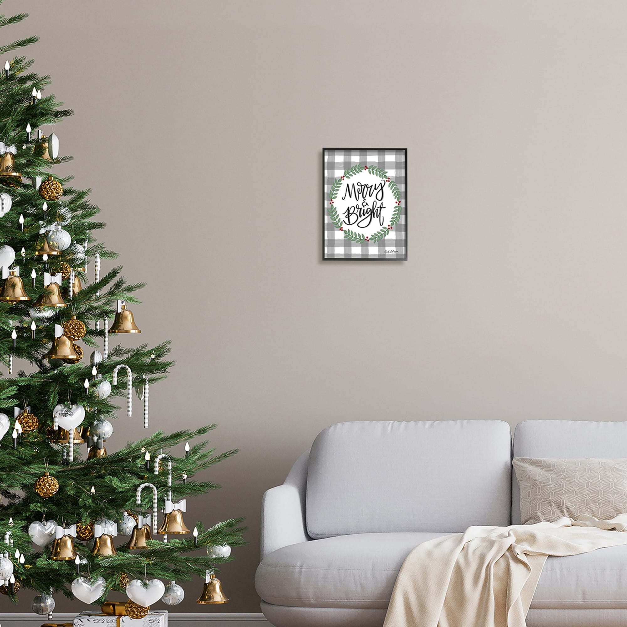 Merry & Bright Gingham Christmas Calligraphy Design Inspirational Graphic Art Framed Art Print Wall Art