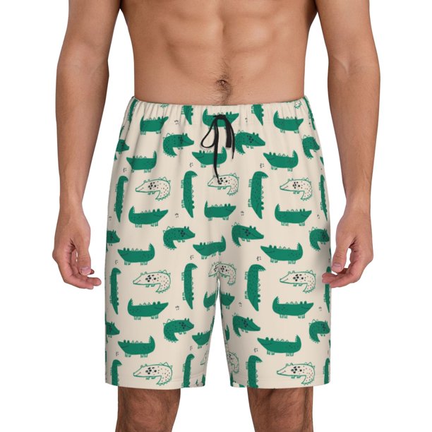 Balery Cartoon Crocodile Pantalones cortos de pijama de punto de algodón para hombre con cinturilla y bolsillos-Small