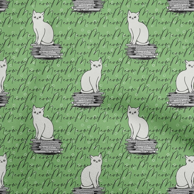 oneOone Viscose Chiffon Green Fabric Animal Cat With Text Texture Craft Projects Decor Fabric Printed By The Yard 42 Inch Wide
