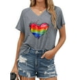 thumbnail image 2 of ZXSXSY Womens Rainbow Heart Printed V Neck Short Sleeve Spliced Top, 2 of 7
