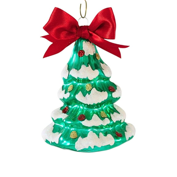 Craftoutlet.Com Snow Tipped Green Tree With Bow - One Ornament 4 Inch, Glass - Glittered Ornaments 11101