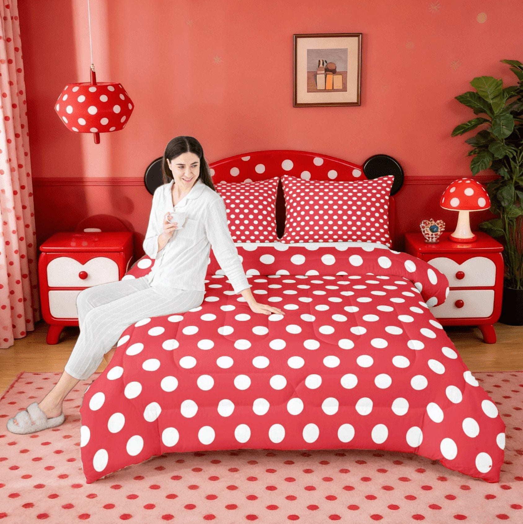 jejeloiu Modern Dot Bedding Comforter Set,Abstract Geometric Geometric Twin Comforter Sets,Red White Bedding Set,Breathable Bedroom Decor Reversible,2pcs