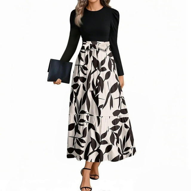 Women's dress autumn and winter striped patchwork waist slim A-line maxi dress White XXL