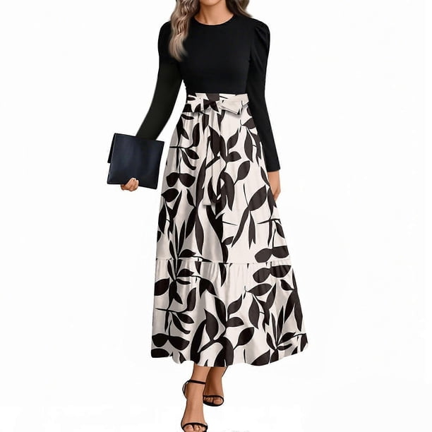 Women's dress autumn and winter striped patchwork waist slim A-line maxi dress White XXL