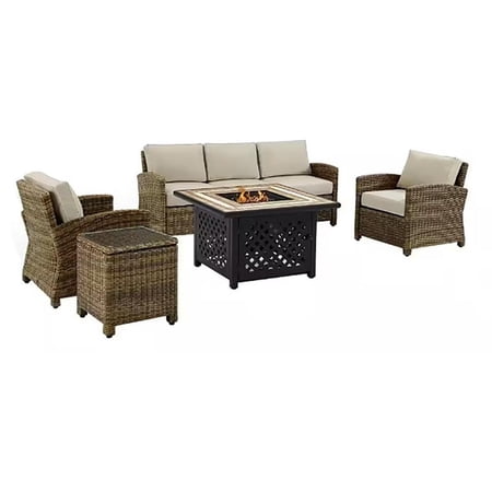 Crosley Furniture Bradenton 5Pc Patio Fabric Fire Pit Sofa Set in Brown and Sand