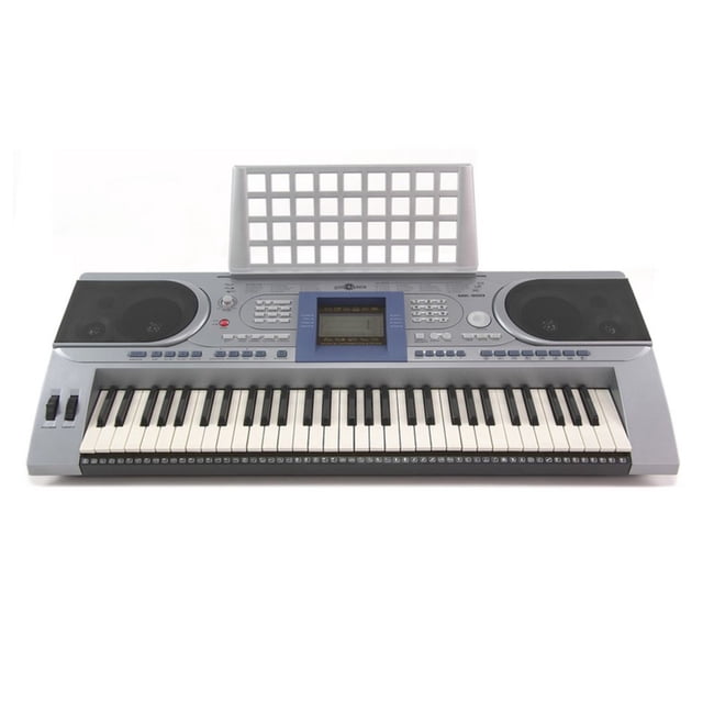 teclado mk900 61 teclas usb plug 160 timbres 200 ritmos elton pantalla lcd, vista frontal de teclado gris de 61 teclas sensibles al tacto con altavoces integrados, pantalla LCD central y panel de control con botones numéricos, ruedas de pitch bend/vibrato a la izquierda, atril trasero; apto como controlador MIDI compacto para grabación en software.