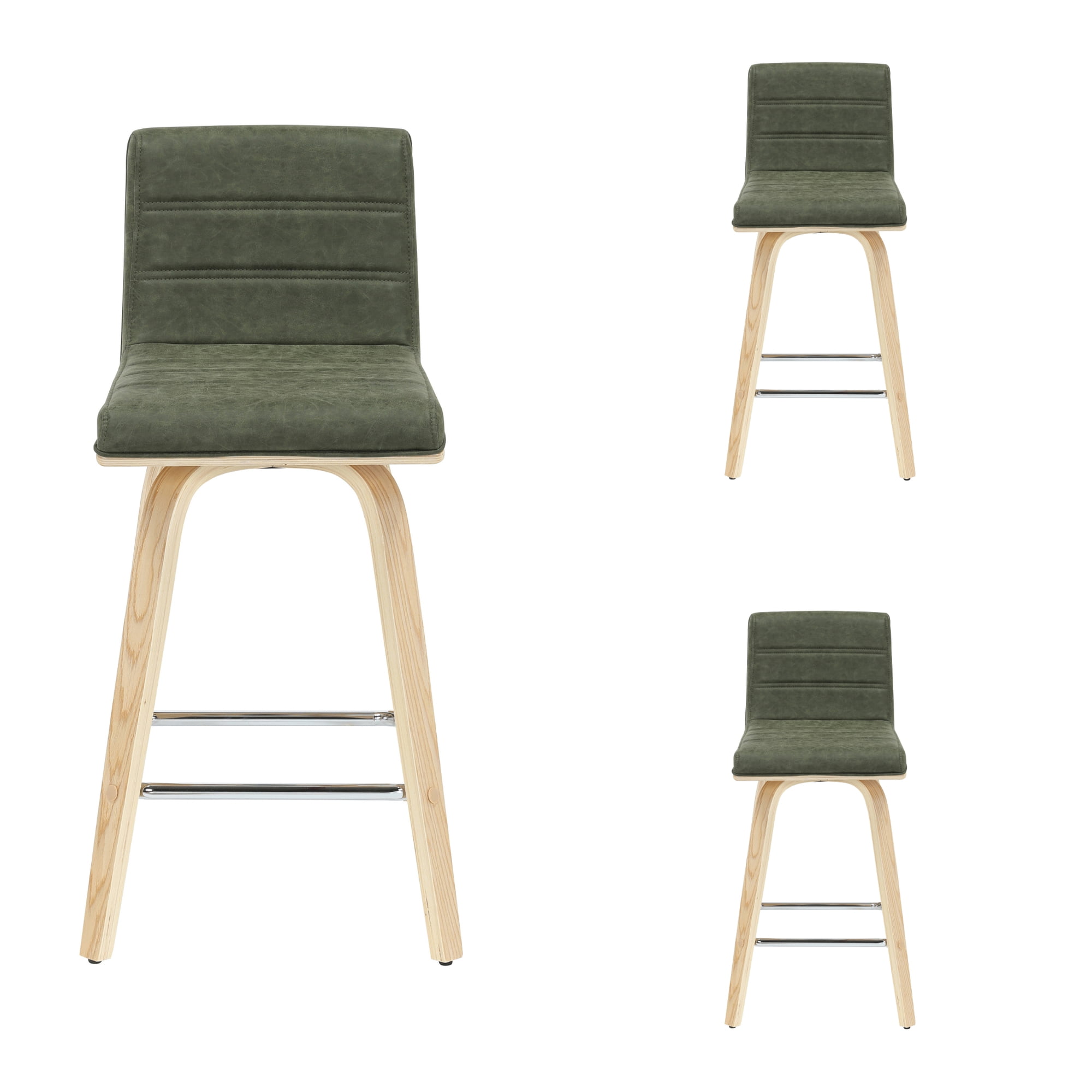 Vienna 35.5 in. H Swivel Counter Height Vintage Green Square Back Wood Bar Stool with Faux Leather Seat Set of 3