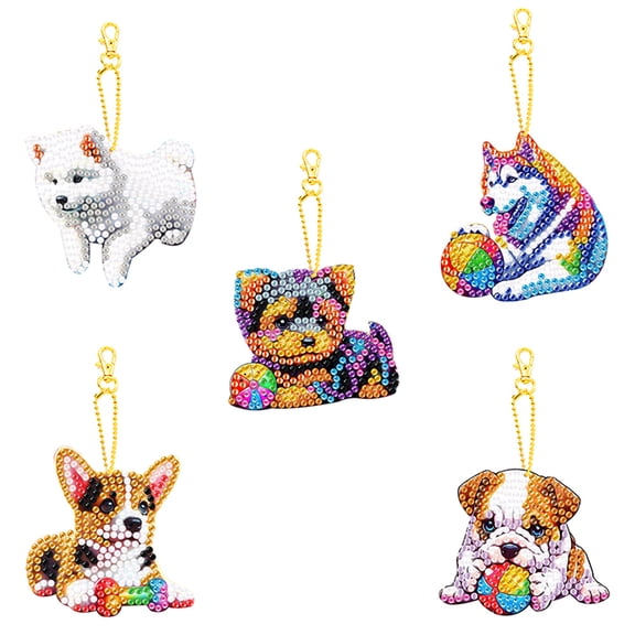 5pcs5D dog diamond painting keychain kit, double-sided diamond art keychain, DIY handmade crafts, DIY for children and adult beginners, keys, mobile phones, backpack accessories