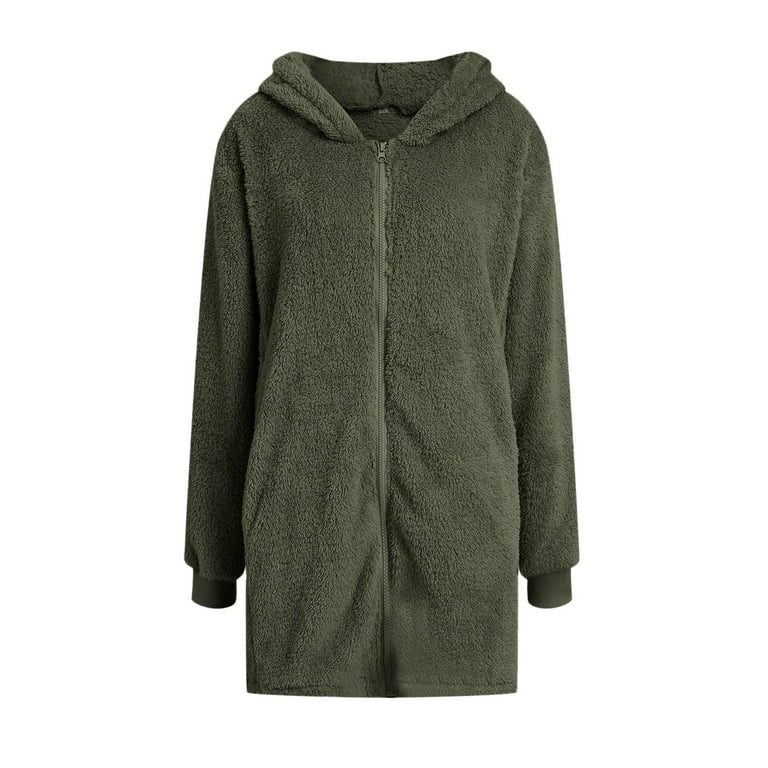 ShomPort Winter Fleece Long Jacket for Women Long Sleeve Zip up Fuzzy Coat  with Pockets and Hood 