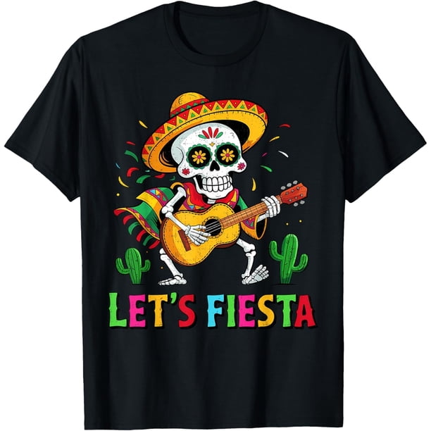 Camiseta divertida de calavera para tocar la guitarra con sombrero Lets Fiesta