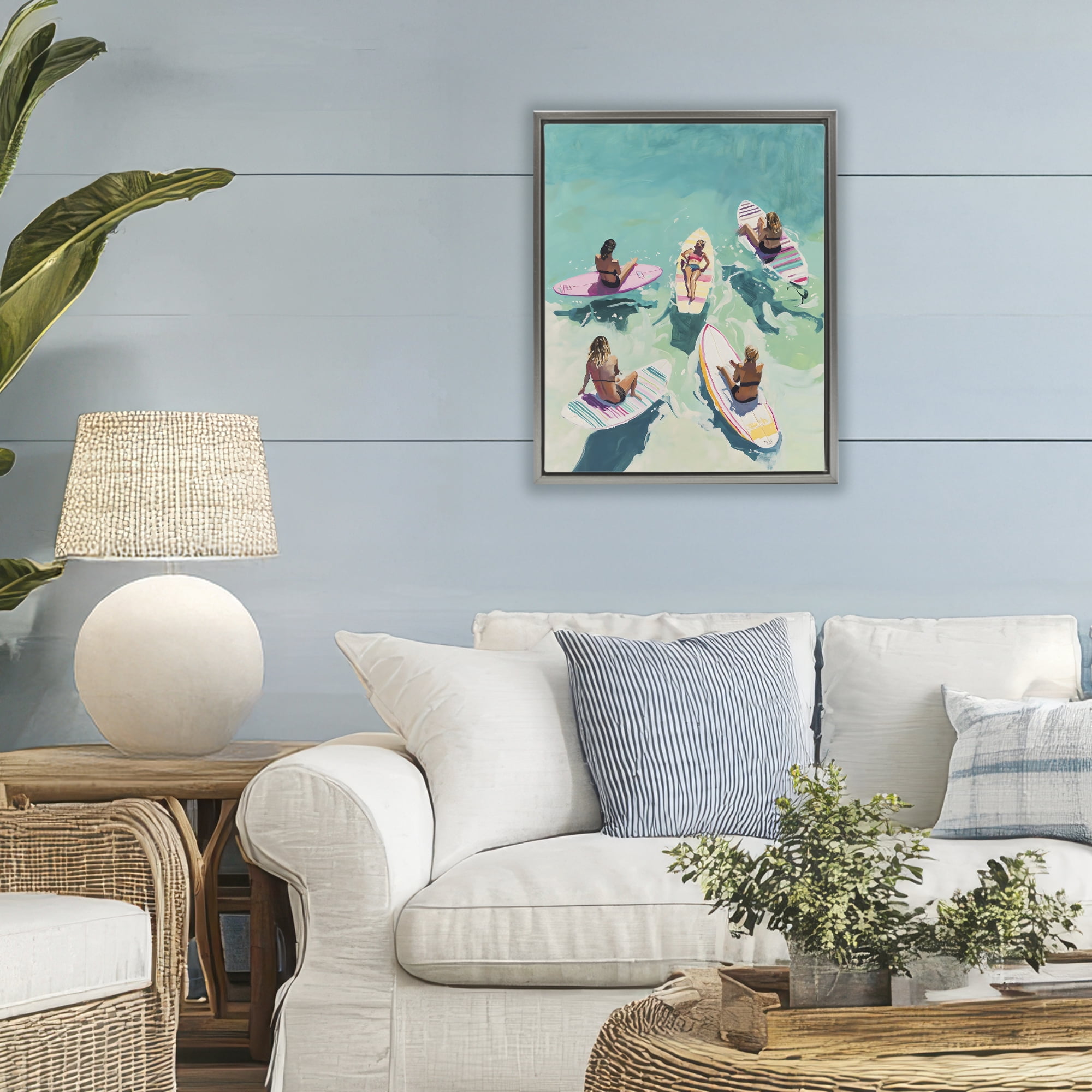 Stupell Industries Women Surfers at Turquoise Beach Gray Framed Floater Canvas Wall Art, design by The Prints Vibe