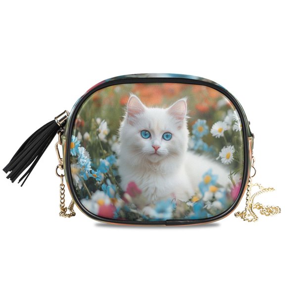 Womens Casual Chain Shoulder Bag Simple style White Cat Among Colorful Flowers Crossbody Bag
