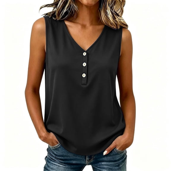 Qiopertar Satin Tank Tops for Women V Neck Sleeveless Button Down Casual Loose Flowy Summer Blouse Black L