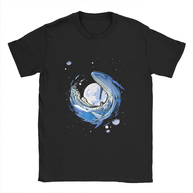 T-Shirt Graphique Baleine à Bosse Spatiale - T-Shirt Unisexe Décontracté à Col Rond avec Motif Artistique de Baleine Bleue et de Lune, Coupe Extensible, 100 %, Tailles P-TTTG, Parfait pour les Activités de Plein Air et les Cadeaux de la Fête des Pères,