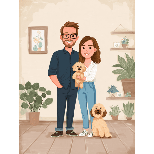 Couple and Dog Portrait Canvas Wall Art 15.75x11.81 Inches