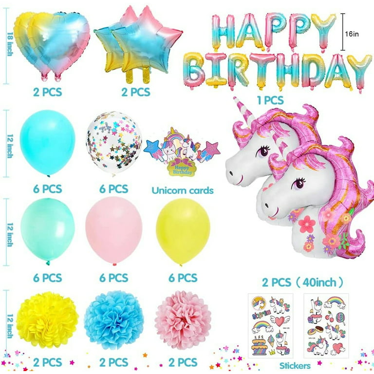 YANSION Unicorn Birthday Decorations for Girls, Large Unicorn Balloons Pink  Balloons Latex Balloons Happy Birthday Banner Paper Flowers for Unicorn