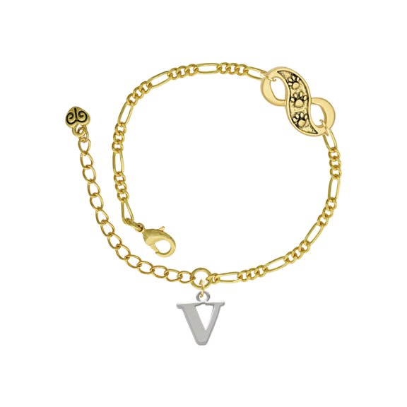 Delight Jewelry Silvertone Large Initial - V - Gold-tone Paw Infinity Link Chain Bracelet, 6"+2" Extender