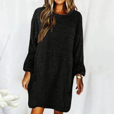 MKLEKYY Robe Pull Épaules Dénudées Femme Couleur Unie Col Rond Manches Longues Robe Pull Ample