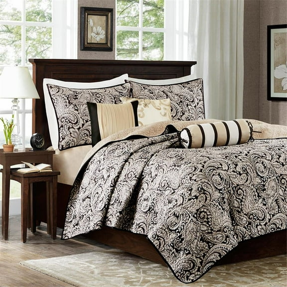 90"X90" Black Jacquard Quilt Set - Full/Queen 6-Piece Reversible Bedding with Throw Pillows