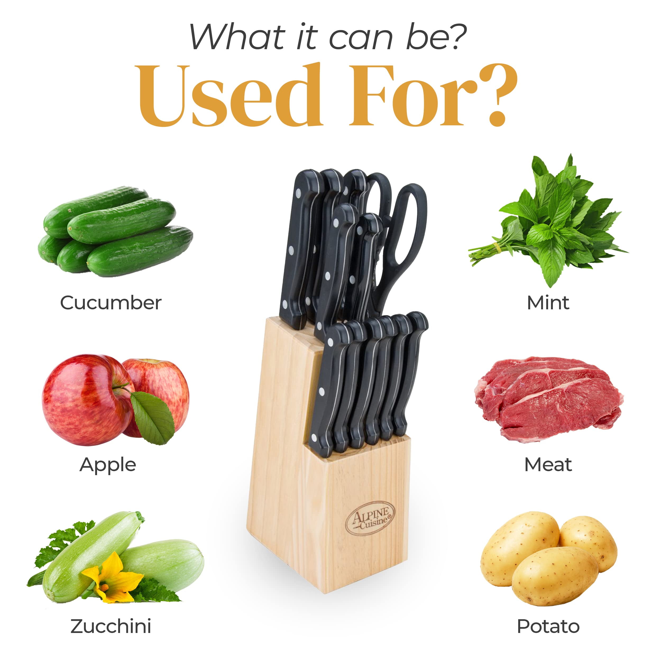 Alpine Cuisine Stainless Steel Cutlery Set 13-Piece, Durable & Rust Resistant, Sharp Blade Cutting Knife Set, Grip Black Handles & Wood Holder, Lightweight & Strong, Multipurpose Use