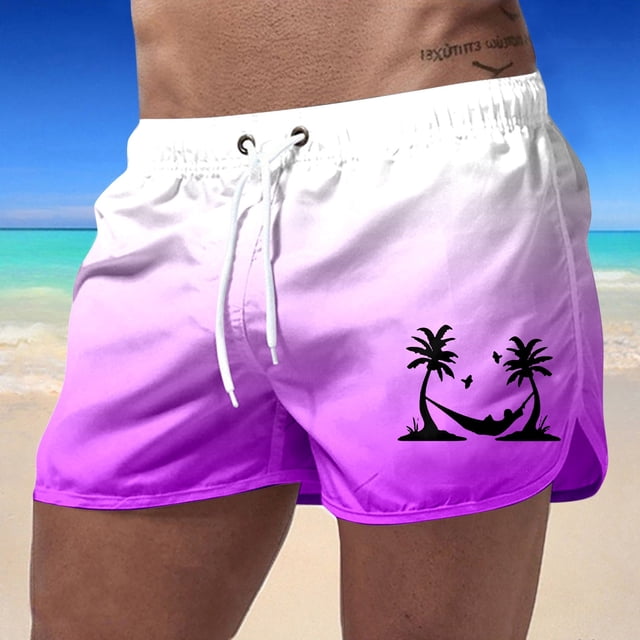 Summer Men's Beach Short with Gradient Print and Waist for Everyday Casual Travel in Polyester