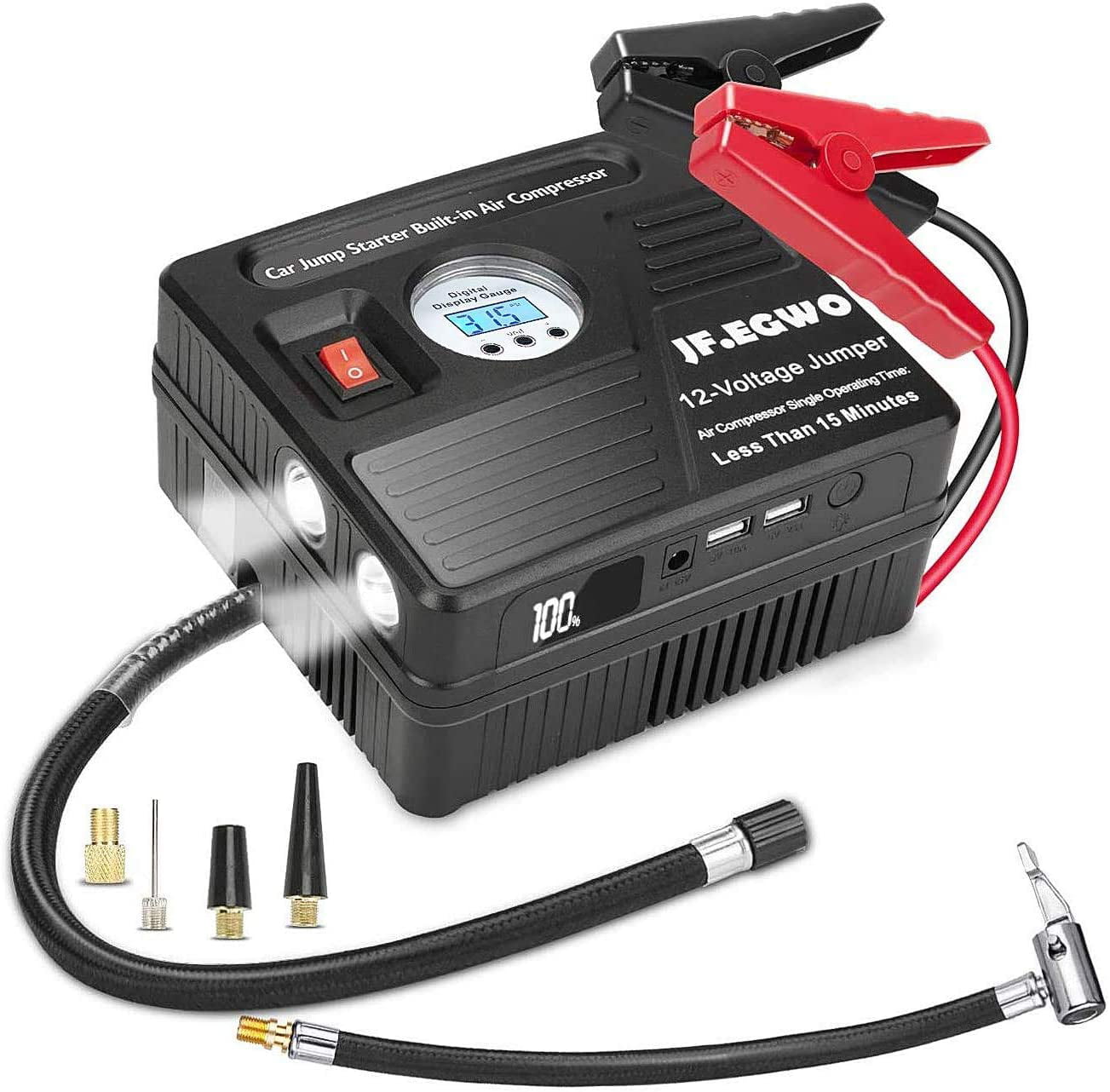 150PSI Tire Inflator with Digital Screen Pressure Gauge 3000Amp Car Jump Starter with Air Compressor 9.0L Gas/ 8.5LDiesel Engine 24000mAh 12V Auto Battery Booster 2 USB Port 2 Light 
