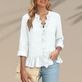thumbnail image 3 of CLOISE 3/4 Length Sleeve Womens Tops Blouses Dressy Casual Plus Size Ruffle Shirts Solid Color V Neck Pullover Cotton Blend Elegant Fall Clothes White XL, 3 of 6