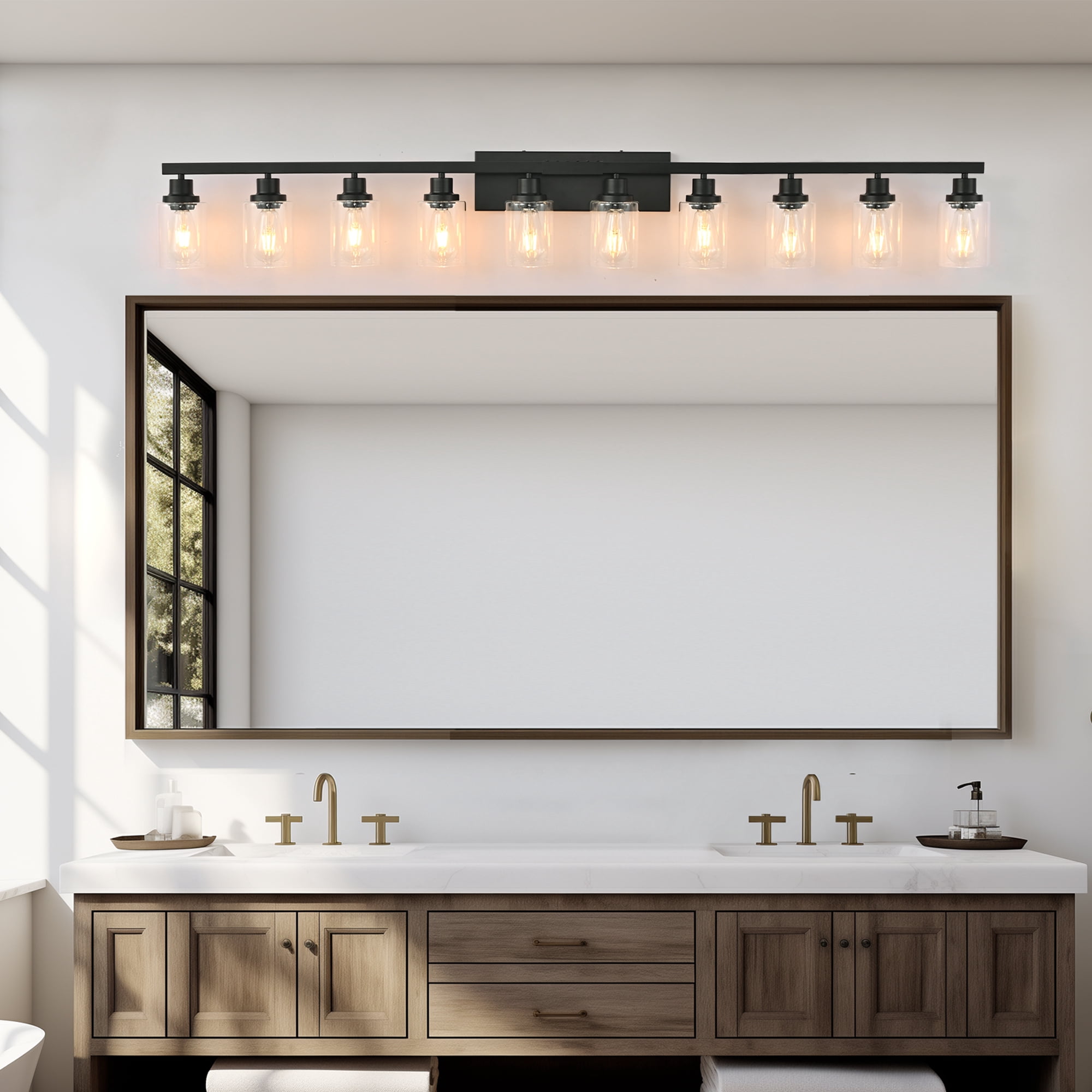 Leumius Modern Black 10-Light Bathroom Vanity Light Fixture, Industrial Wall Sconce with Clear Glass Shades for Mirror, Bathroom, Bedroom and Hallway (No Bulbs)