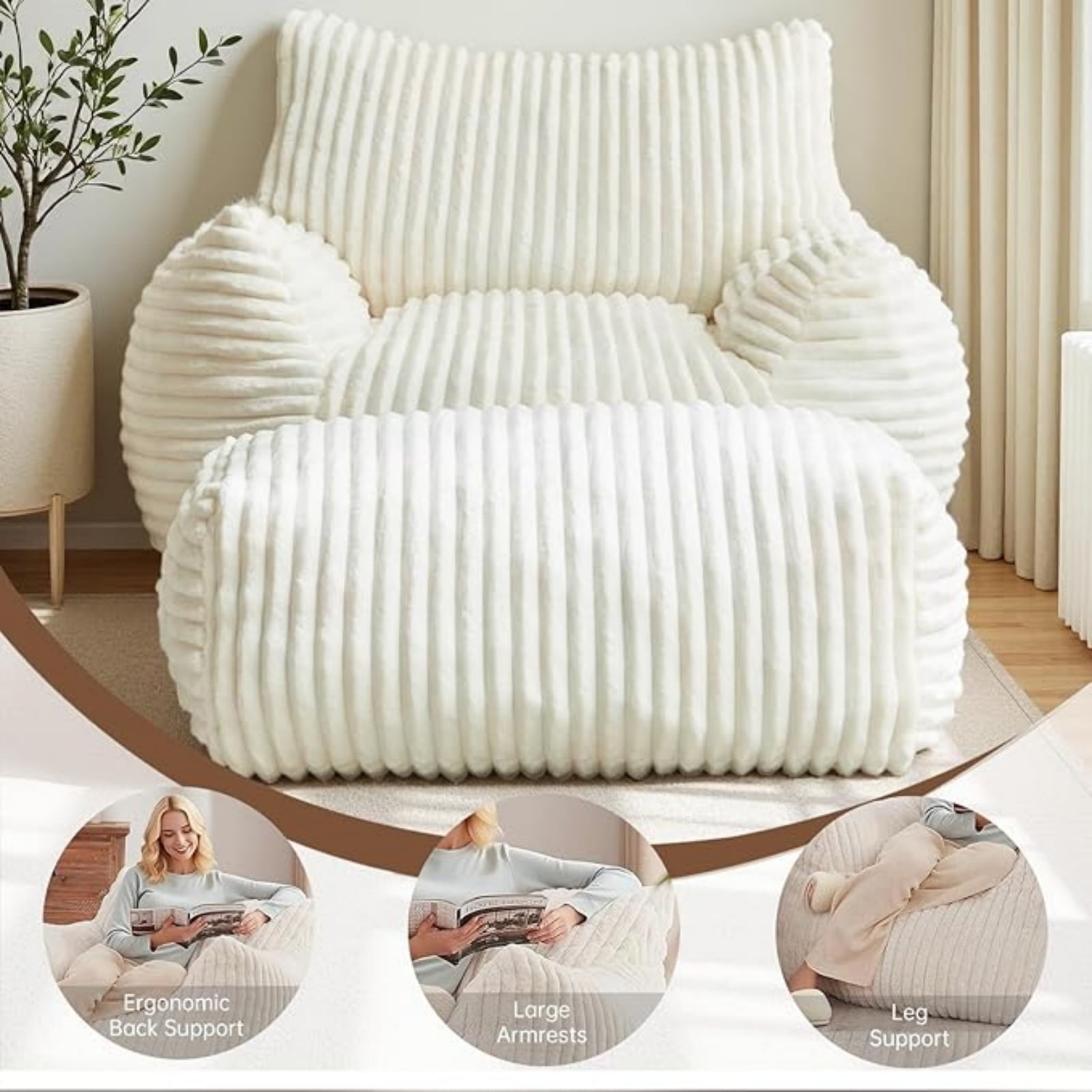 zyoiszvq Corduroy Adult Bean Bag Chairs with Ottoman,Memory Foam Floor Bean Bag,Comfy Reading Chair with Armrests