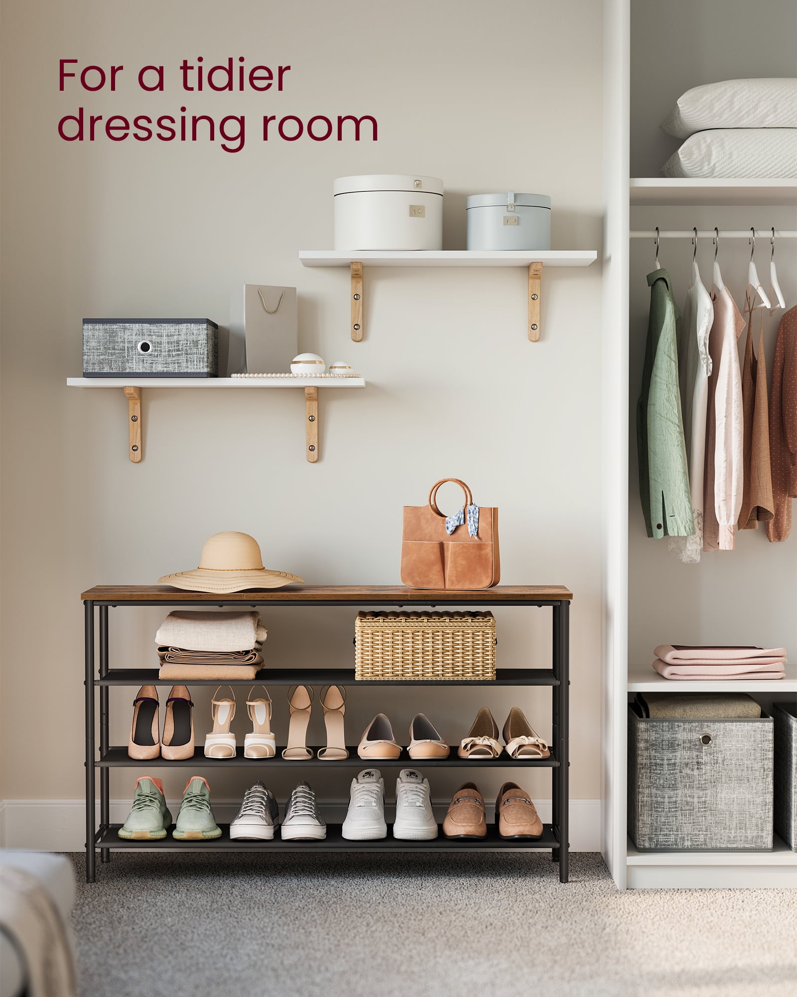 VASAGLE 4 Tier Shoe Rack for 15-18 Pairs,Shoe Organizer with Fabric Shelves and Wooden Top,  Rustic Brown/Black