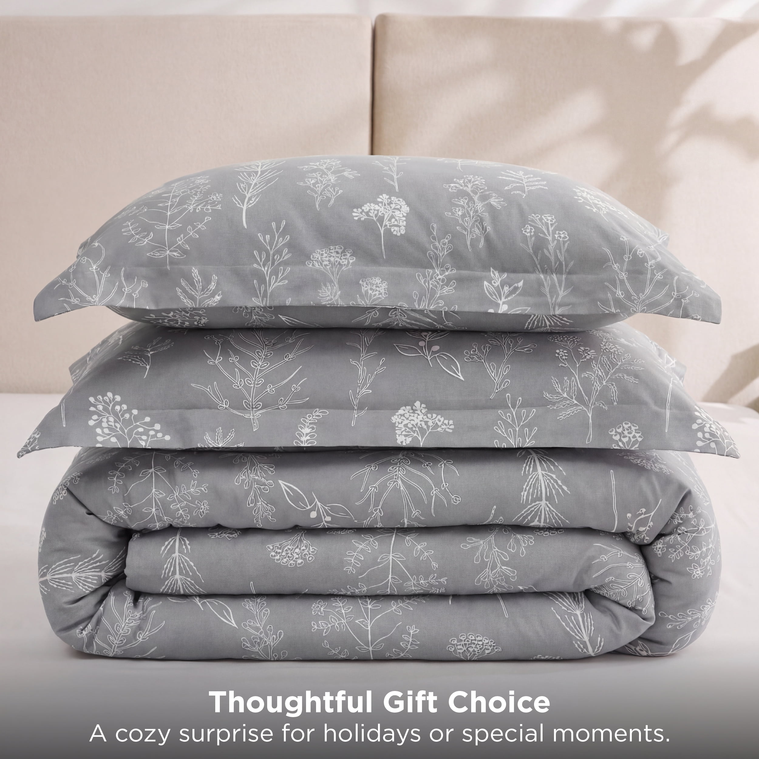 U by Bedsure 2 Pieces Grey Twin Size Comforter Sets, Extra Long Twin-XL Cute Flowers Botanical Lightweight College Dorm Soft Bedding Set With 1 Pillow Sham