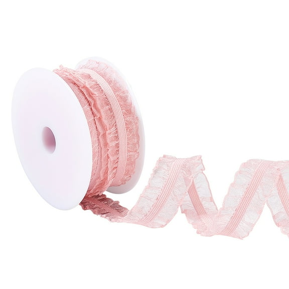 1Roll 10 Yards/9.14m Double Ruffle Lace Trim Pink (20mm) Wide Ruffle Stretch Elastic Edging Trim Pleated Fabric Lace Ribbon for DIY Dress Headwear Decoration and Gift Wrapping