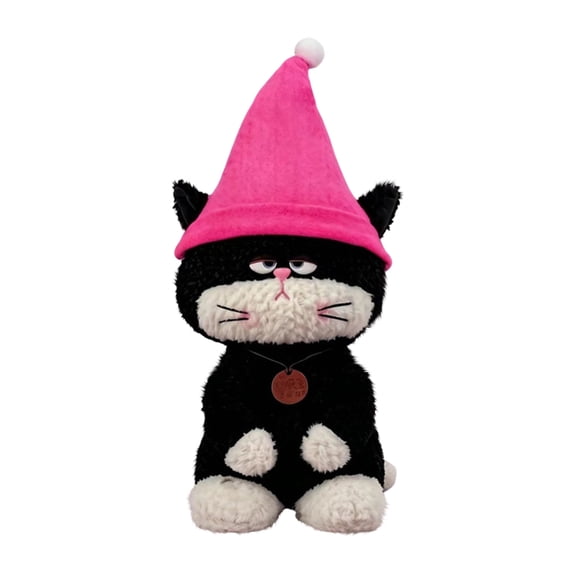 Halloween Cute Cat Plush Toys, Black and White Cat Stuffed Animals with Pink Pointed Hat for Indoor Home Display, Halloween Party Decorations and Holiday Present for Plush Toy Enthusiasts