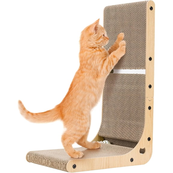 L-Shaped Cat Scratching Board, 23.6 inches, Vertical Cat Scratch Cardboard with Built-in Catnip Ball and Interactive Toy Ball for All Cats and Kittens (23.6" Tall)