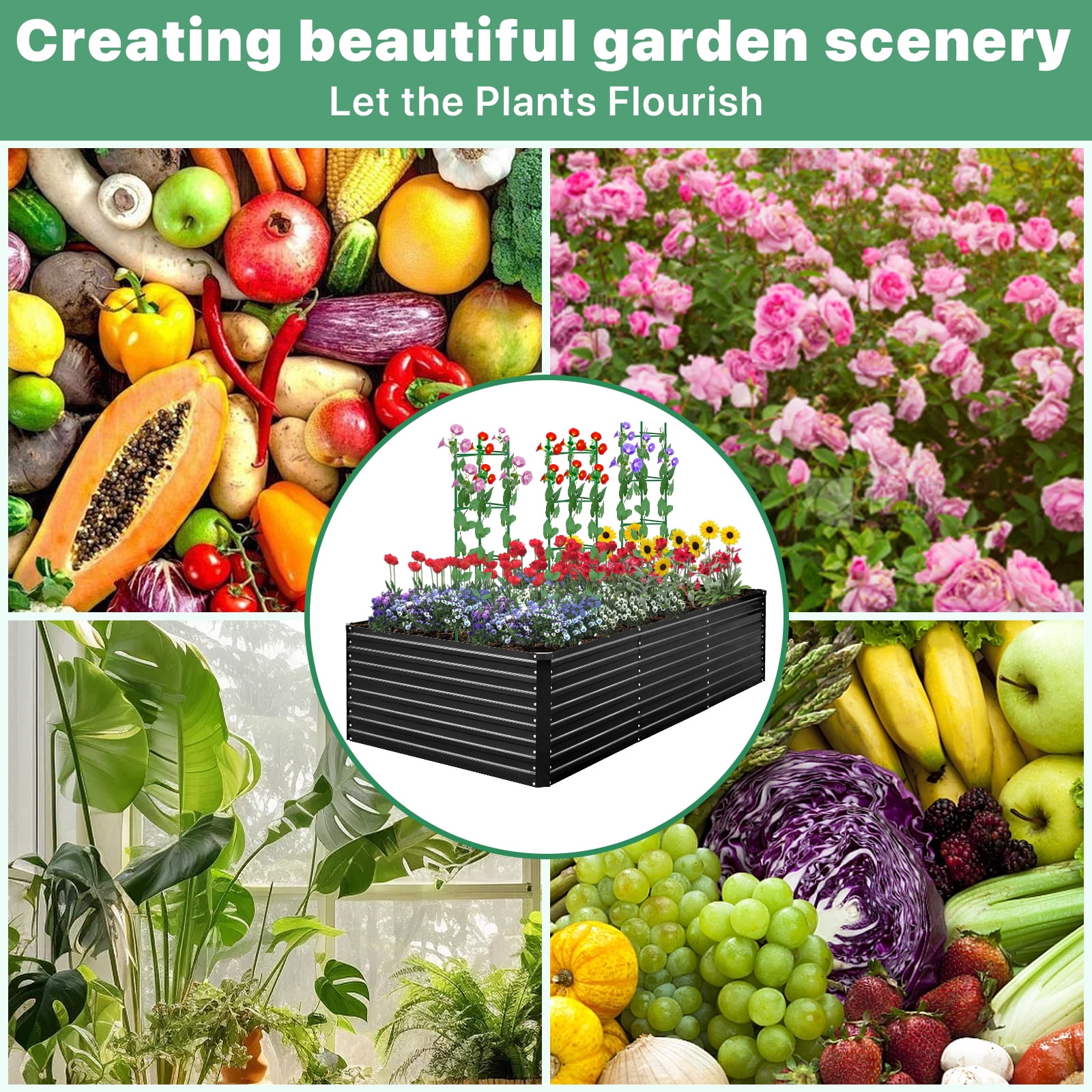 AMOBRO 8x4x2ft Outdoor Metal Raised Garden Bed Planter Box for Vegetables, Flowers, Herbs w/ 3 Tomato Cages Black