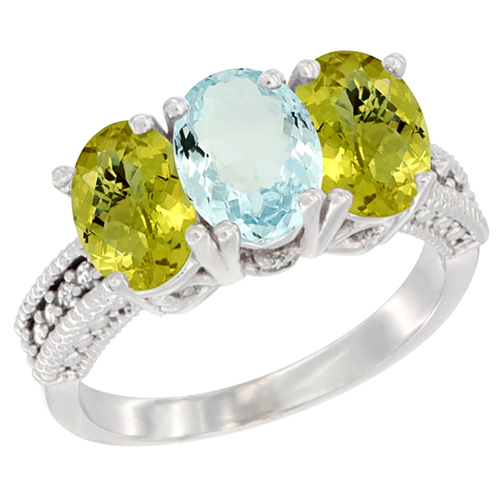 14K White Gold Natural Aquamarine Ring with Lemon Quartz 3-Stone 7x5 mm Oval Diamond Accent, sizes 5 10 by WorldJewels
