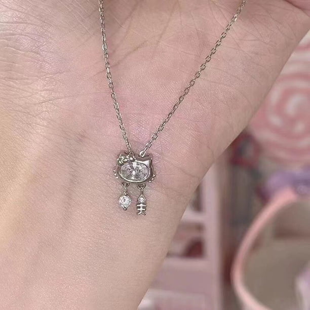 Sanrio Hello Kitty COLLAR COLGANTE doble anillo clavícula cadena diamante plata novia encantos cierre Anime cadena joyería regalo xuanjing unisex