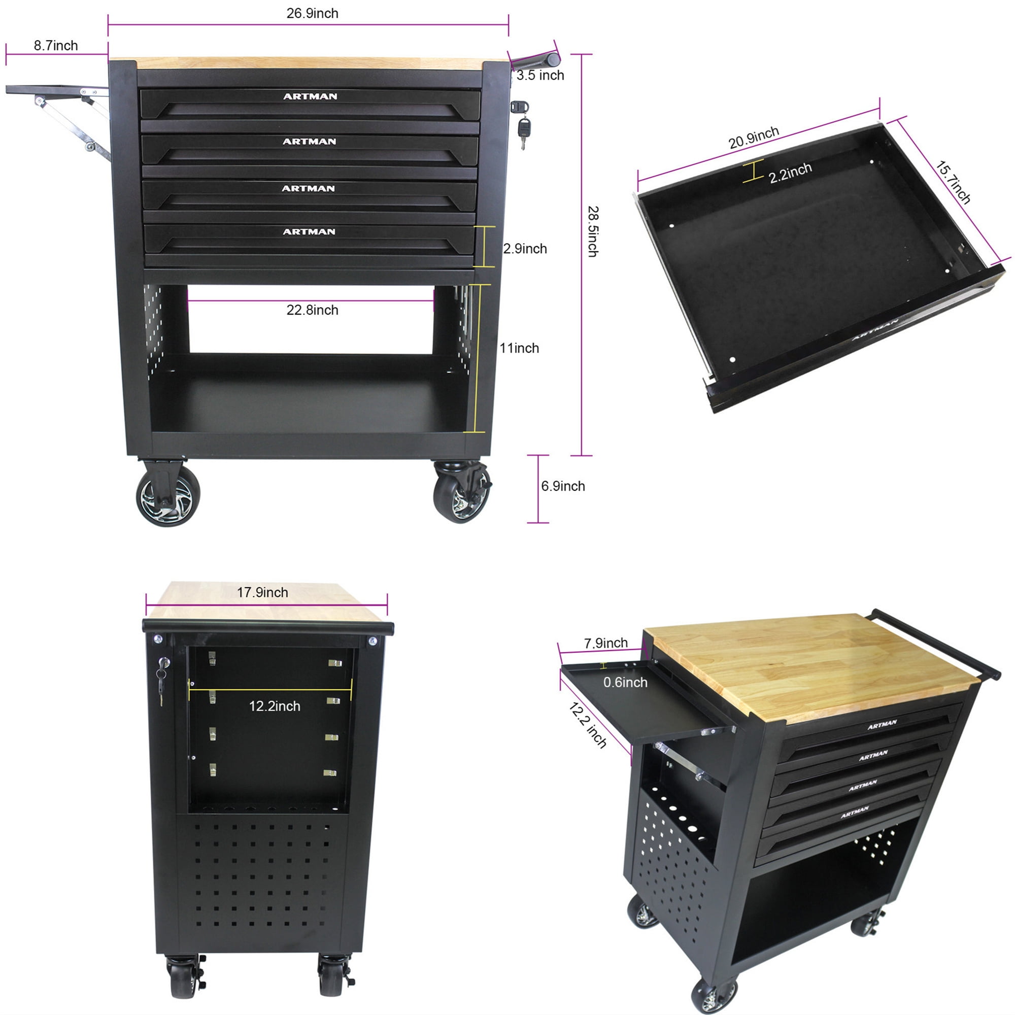 Aukfa 30 inch Mechanic's Tool Cart, 700 LB Capacity 4-Drawer Tool Chest on Wheels for Garage, Black
