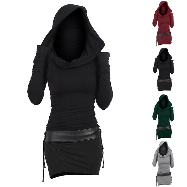 Gspmoly Robe d'Été, Sweat à Capuche à Manches Longues Patchwork pour Femmes avec Œillets, Robe Vintage Punk Gothique pour Fête, Robes de Vacances pour Femmes Offres Prime