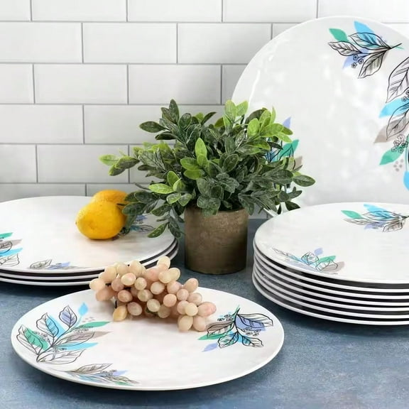 The 12-piece melamine dinner plate is set in blue at 11 inches, making it easy to clean. It is perfect for family dinners, food storage, breakfast oatmeal, restaurant service, party and holiday gifts