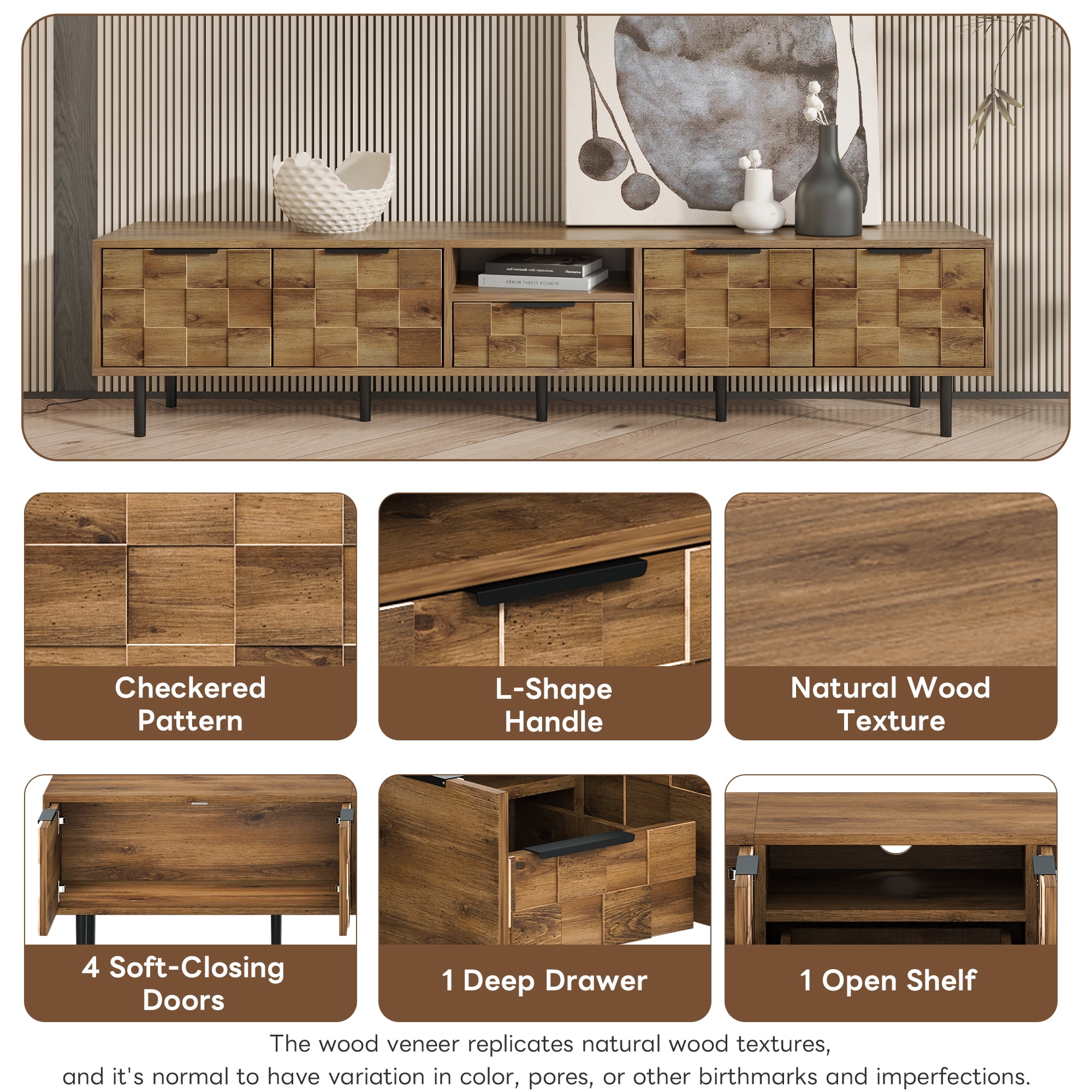 TV Stand for TVs up to 85 Inch, Entertainment Center with Checkered Doors & 1 Drawer, Media Console for Living Room