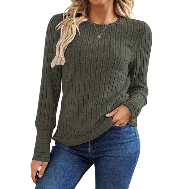 Camisas de Larga para Mujer, Tops de Moda de Otoño, Suéteres Elegantes de Cuello Redondo, Túnicas, Ropa de Invierno, Conjuntos Casuales Verde S