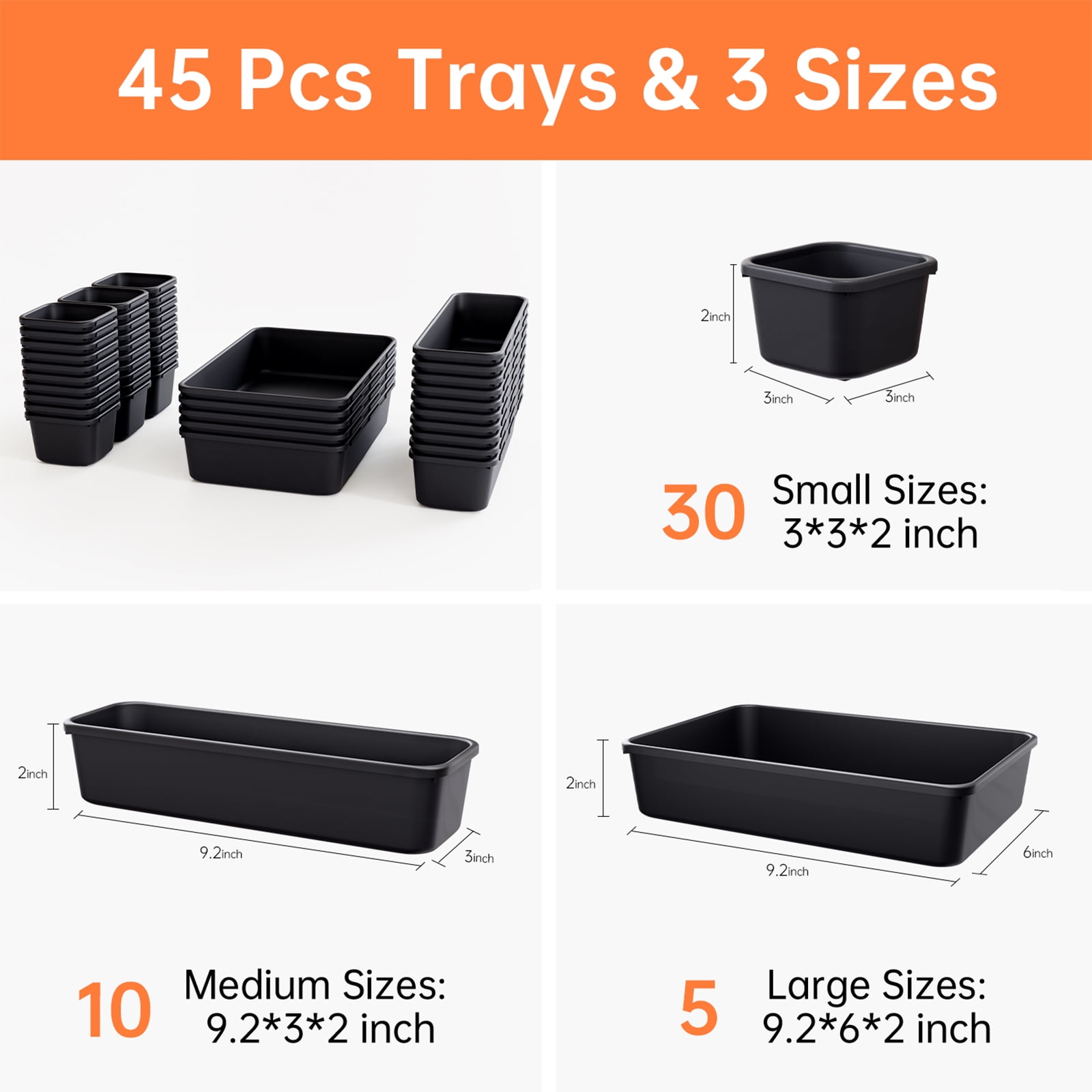 HAIDAIYA 45 Pack Drawer Organizer Trays Set, 3 Sizes Plastic Divider Storage Bins for Desk, Makeup, Tool Box, Jewelry (Black)