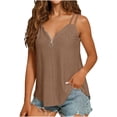 thumbnail image 2 of Women V Neck Sleeveless Spaghetti Strap Cami Top Casual Loose Eyelet Embroidery Solid Color Summer Tank Top with Half Zip Brown S, 2 of 8
