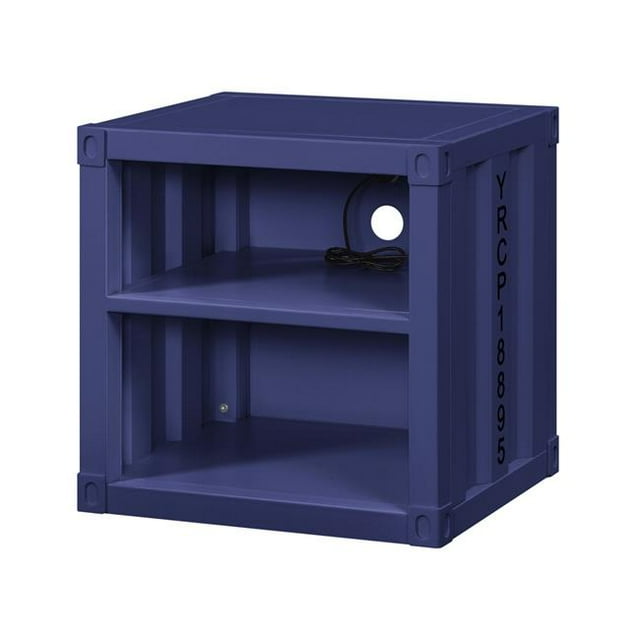 Benzara BM204622 Metal Nightstand with 2 Open Compartment & USB Port, Blue